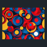 Poster Cercles géométriques d'art pop rétro<br><div class="desc">Soyez audacieux avec ce motif rétro dynamique et énergique. Inspiré par le pop art des années 60 et le design moderne, cette oeuvre présente une explosion ludique de cercles et d'anneaux chevauchants dans une palette classique de rouge, bleu et jaune. C'est un design amusant, accrocheur et gai sans s'excuser, plein...</div>