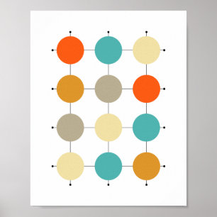 Poster Cercles orange turquoise crème beige sur grille