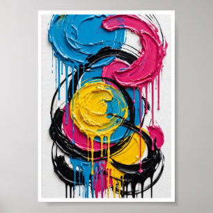 Poster Cercles Pop Dégoulinants - Bleu Rose Jaune Noir Co