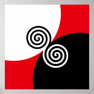 Poster Cercles spiraux Abstraits en rouge et blanc noir