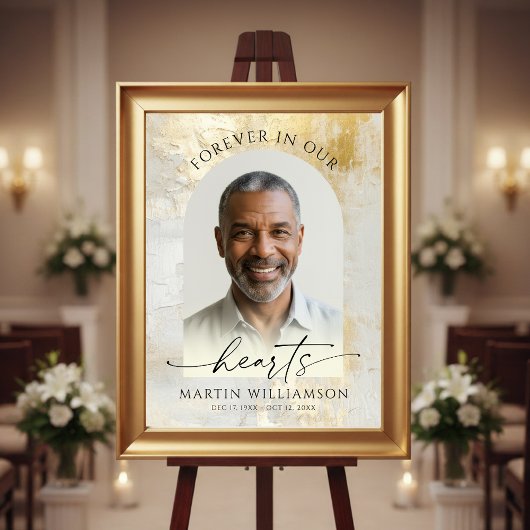 Poster Cérémonie Funéraire Photo Script Or Elegant Cœurs 