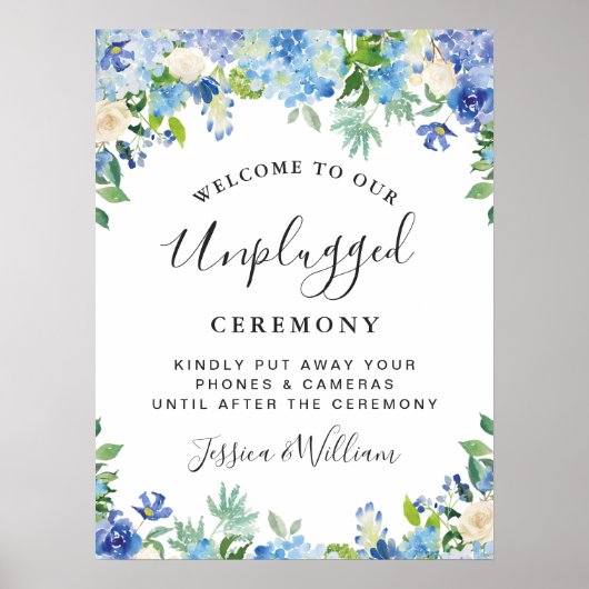 Poster Cérémonie Mariage de Blue Hydrangeas Floral Unplug (Devant)