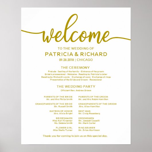 Poster Cérémonie mariage Programme Calligraphie d'or (Devant)