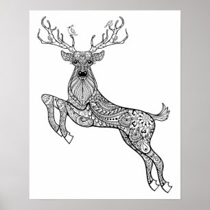 Poster Cerf à cornes magiques avec oiseaux Doodle 2