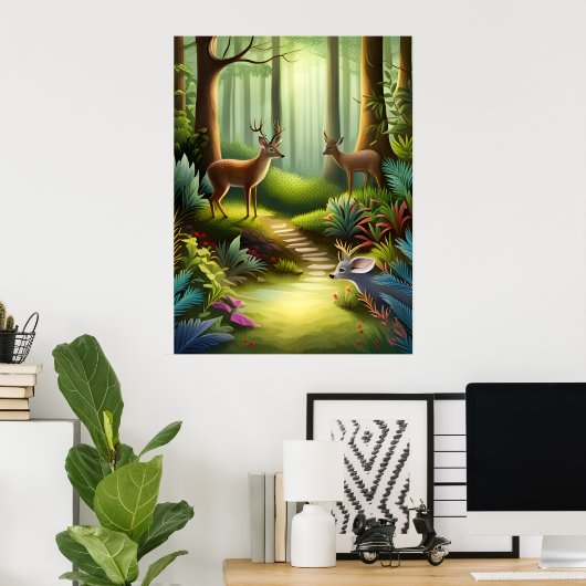 Poster Cerf animal forestier en forêt IA Générique (Bureau à domicile)