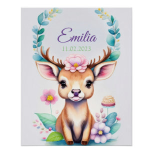 Poster Cerf aux fleurs - motif enfantin à l'aquarelle