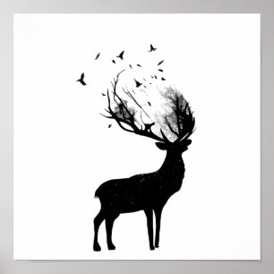 Poster Cerf aux oiseaux