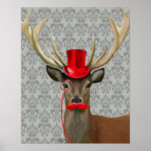 Poster Cerf avec Casquette rouge et Moustache