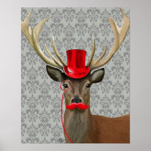 Poster Cerf avec Casquette rouge et Moustache (Devant)