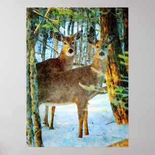 Poster Cerf blanc en hiver Aquarelle de la faune de neige