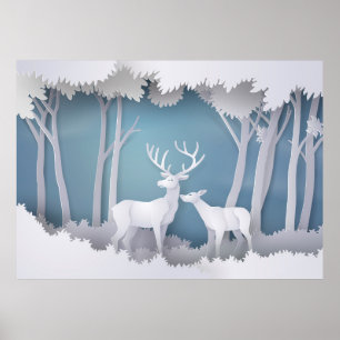 Poster Cerf coupé en papier en forêt
