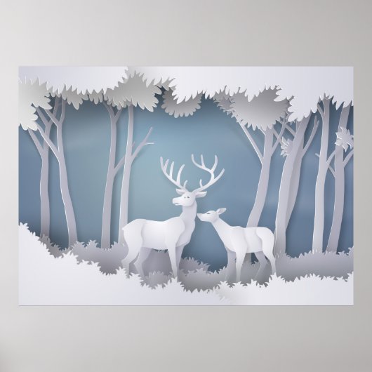 Poster Cerf coupé en papier en forêt (Devant)
