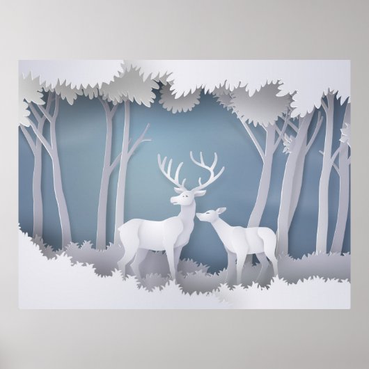 Poster Cerf coupé en papier en forêt (Devant)