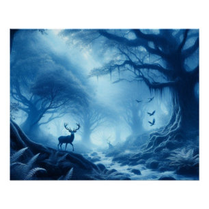 Poster Cerf dans la forêt noire de la brume bleue