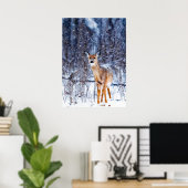Poster Cerf dans la neige, paysage hivernal (Bureau à domicile)