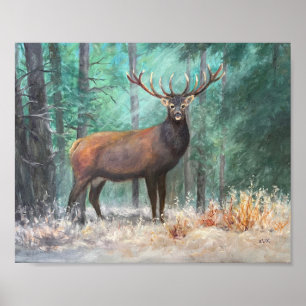 Poster Cerf dans la peinture à l'huile de bois. Scène de