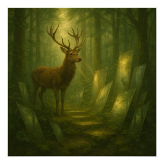 Poster Cerf dans le chemin du miroir de la forêt enchanté