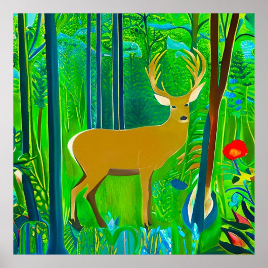 Poster Cerf dans un cadre forestier d'Imaginaire (Devant)