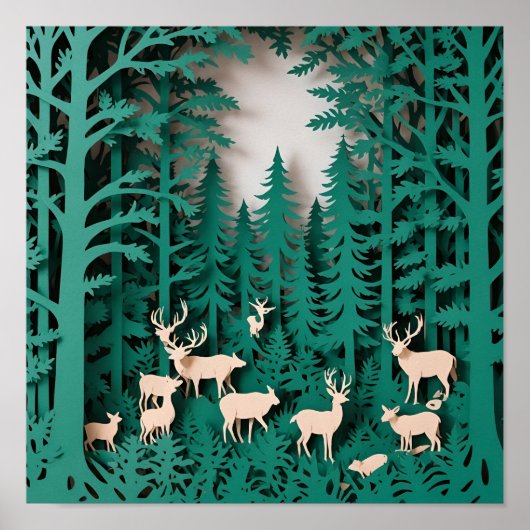 Poster Cerf de forêt enchanté - Bois d'art coupé en papie (Devant)