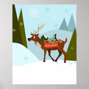 Poster Cerf de Noël et elfe sur les sommets enneigés des