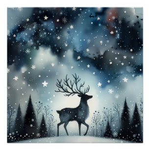 Poster Cerf de Nuit d'Hiver Étoilé