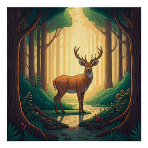 Poster Cerf debout près d'un ruisseau dans une forêt