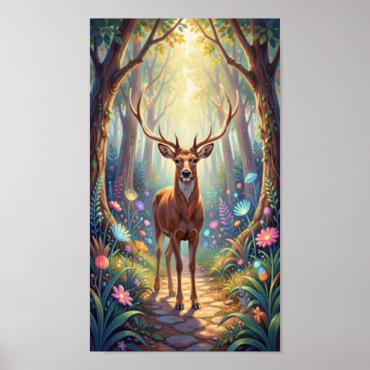 Poster Cerf éthéré sur un chemin forestier lumineux (Devant)