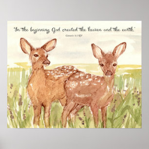 Poster Cerf Faon Écriture Genèse Dieu a créé le Ciel