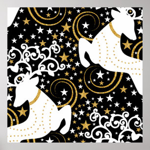 Poster Cerf floral de Noël doré en fleurs