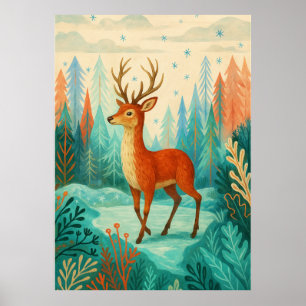Poster Cerf forestier enchanté - Bois d'hiver capricieux