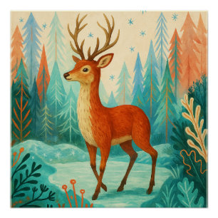 Poster Cerf forestier enchanté - Bois d'hiver capricieux