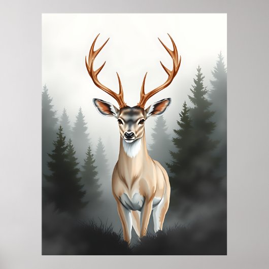 Poster Cerf Majestueux dans une Forêt Brumeuse – Faune Tr (Devant)