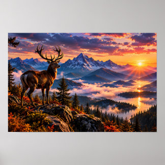 Poster Cerf majestueux debout sur une montagne au coucher