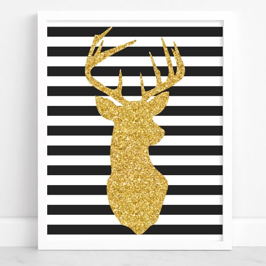 Poster Cerf Pailleté Or Rayures Noires et Blanches