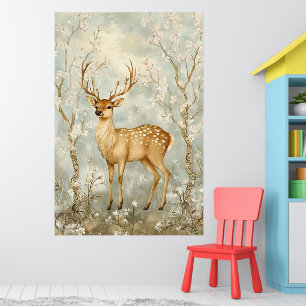 Poster cerf sika dans une forêt printanière, entouré de f