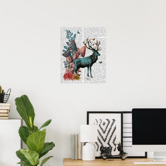 Poster Cerf Turquoise en Forêt de Champignons (Bureau à domicile)