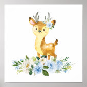 Poster Cerfs, Animaux De Bois, Boho, Fleurs Bleues (Devant)