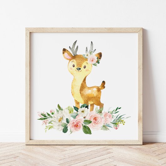 Poster Cerfs, Animaux De Bois, Boho, Fleurs Roses