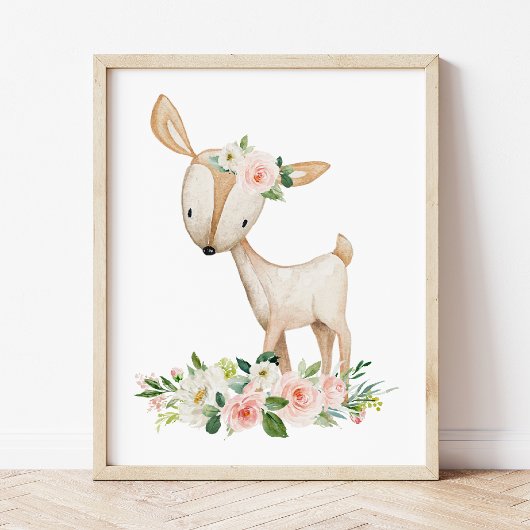 Poster Cerfs, Animaux De Bois, Boho, Fleurs Roses