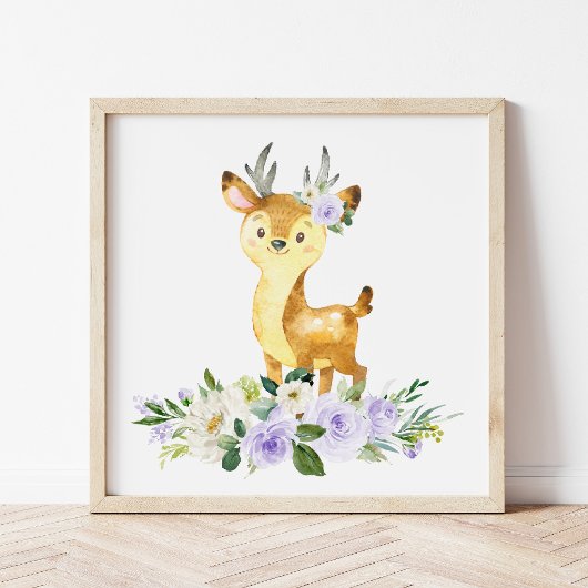 Poster Cerfs, Animaux De Bois, Boho, Fleurs Violettes