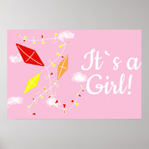 Poster Cerfs-volants dans le ciel rose C'est une fille Ba