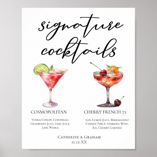 Poster Cerise cosmopolite Français 75 Cocktails Menu (Devant)