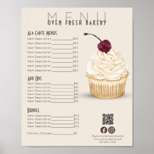 Poster Cerise Cupcake Beige Menu Boulangerie Tarifs