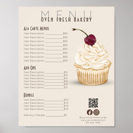 Poster Cerise Cupcake Beige Menu Boulangerie Tarifs (Devant)