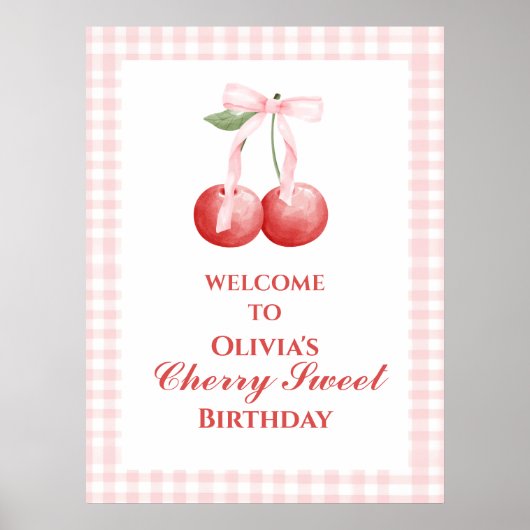Poster Cerise Douce Anniversaire Rose Ruban fraise (Devant)