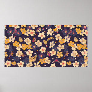 Poster cerise en fleurs et papillons motif sans soudure.