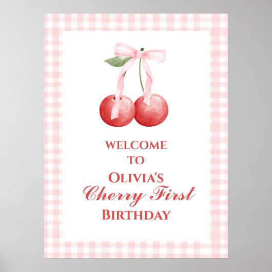 Poster Cerise Première fraise Bow rose 1er anniversaire (Devant)