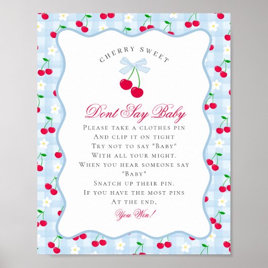 Poster Cerise Sweet Blue Coquette Bow Ne pas dire bébé si (Devant)