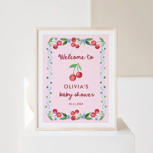 Poster Cerises roses Whimsical Retro Baby shower Bienvenu