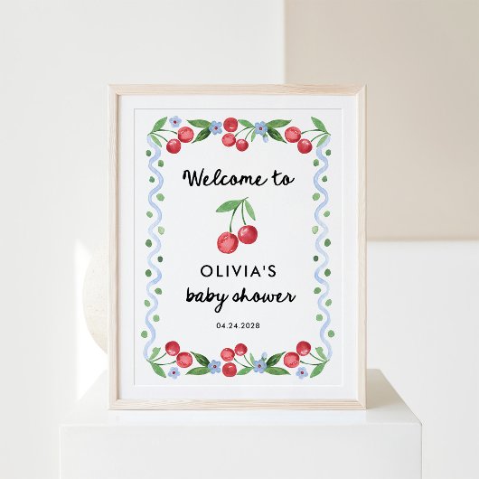 Poster Cerises rouges | Baby shower rétro Whimsical Bienv